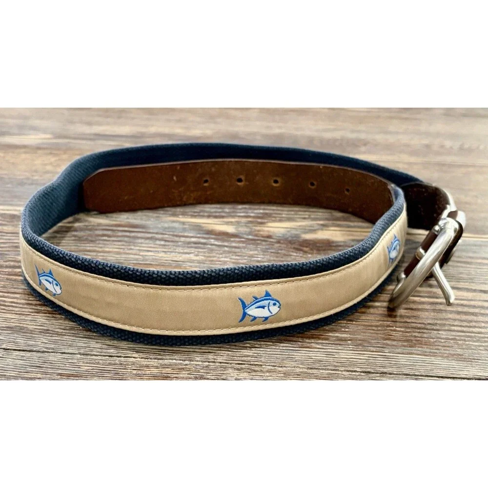 SOUTHERN TIDE Men’s “Skipjack” Ribbon Belt - Sandstone Khaki & Leather - Sz 34W